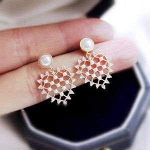 New 18k Gold Over Silver Cultured Pearl Lattice Heart Drops